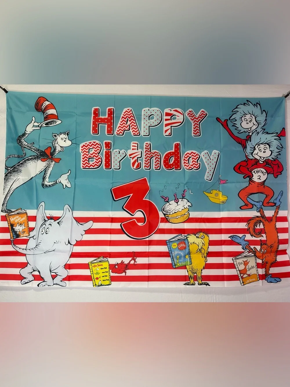 Dr. Seuss’s Cat In The Hat Happy 3rd Birthday Backdrop Banner 5x3Ft.
